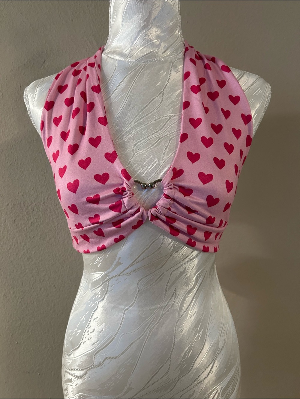 SHEIN Pink Halter Bandeau Top with Red Heart Print